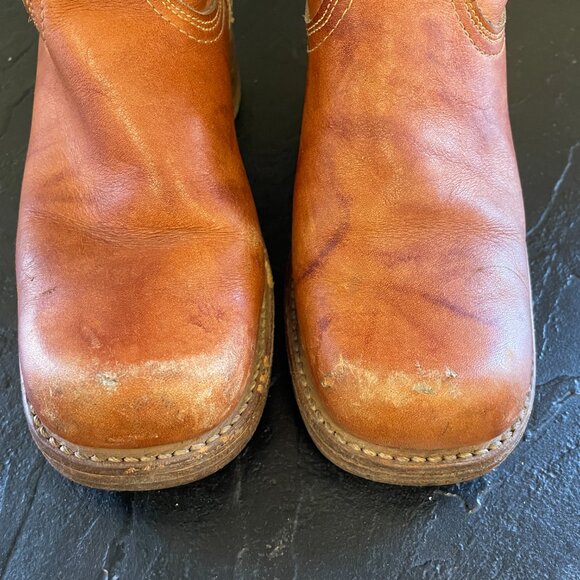 Vintage 70s Leather Square Toe Campus Boots Brown Tan Braided | Size 5.5 - Picture 3 of 15